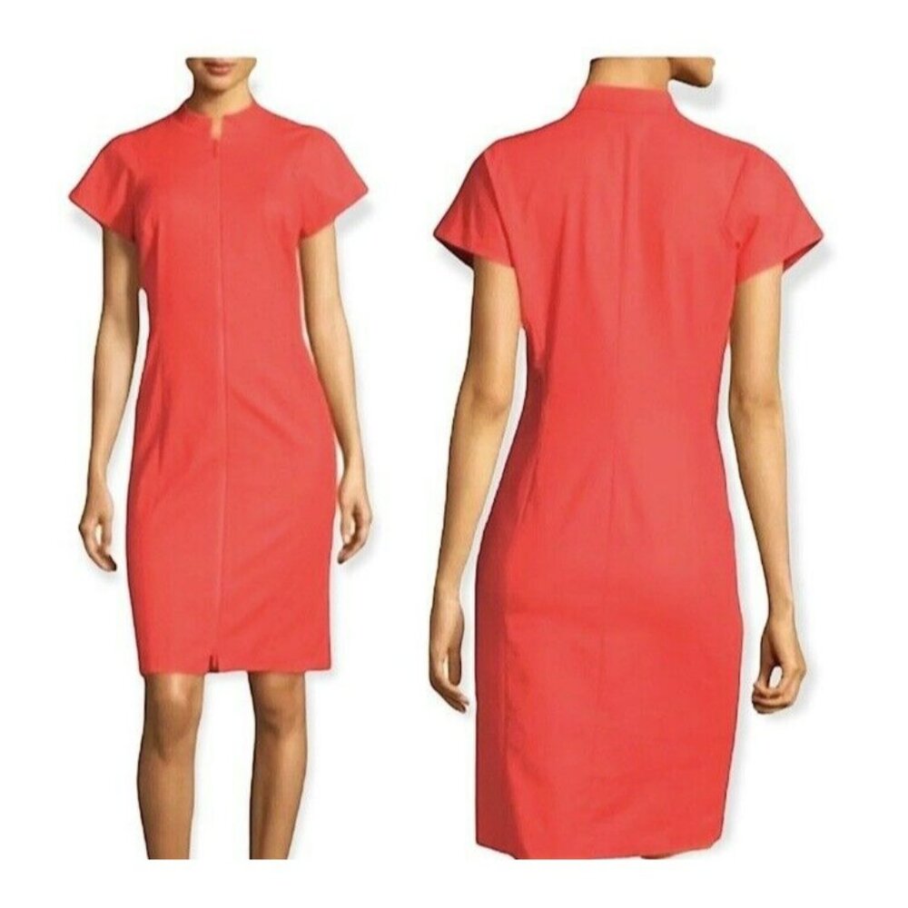 $498.00 Lafayette 148 New York Zip-Front Short-Sleeve Red Sheath Dress Sz 8